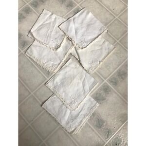 Six Ivory‎ Linen Like Embroidered Floral Napkins Delicate Cottagecore Fairy